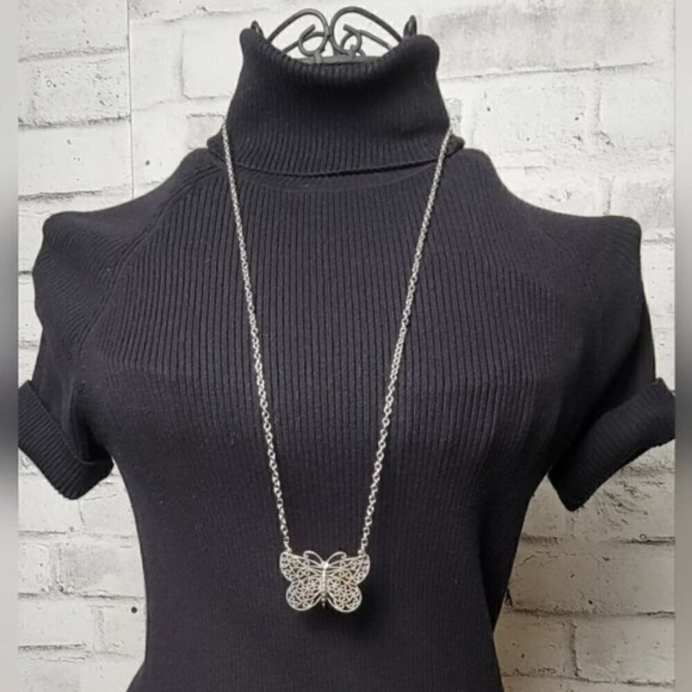 Long Silver-Tone Filigree Butterfly Pendant Necklace – Sparkle Accent